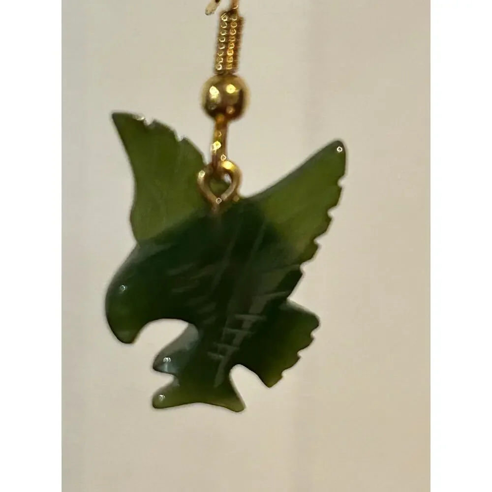 Vintage Hand Carved Green Nephrite Jade Bird of Prey Earrings Dangle Fish Hook